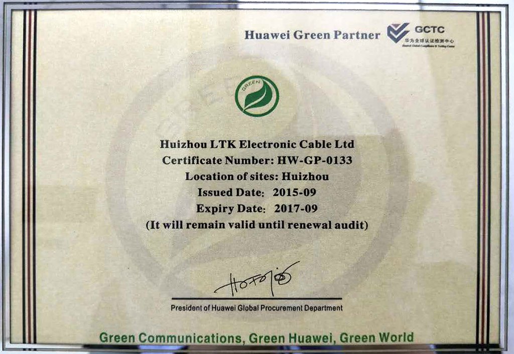 Huawei Green Partner Certificate - Huizhou LTK Electronic Cable Ltd